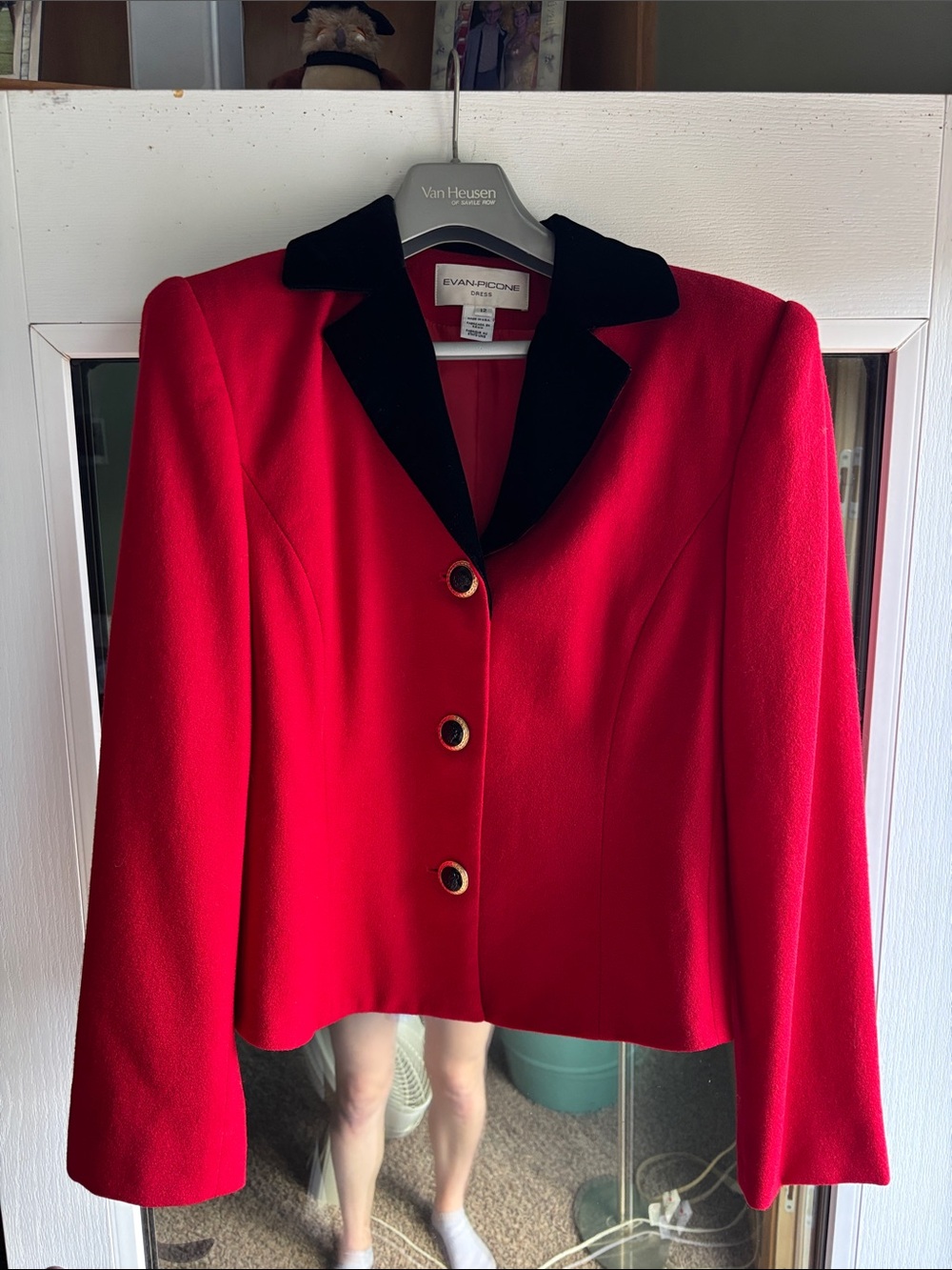 Evan Picone 2-piece suit: Red Blazer with Black Velvet Collar and skirt
